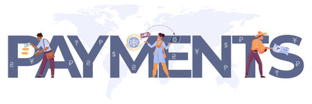 International payments text concept with transaction symbols flat vector illustrationのイラスト素材