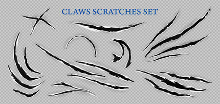 Realistic claws scratches transparent set with text and isolated curvy holes in fabric with ragged edges vector illustrationのイラスト素材