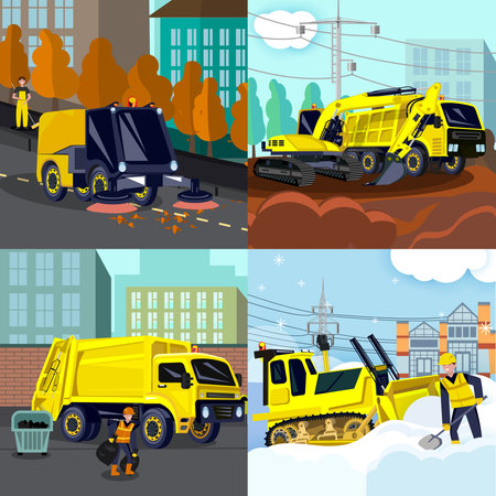 Municipal service road cleaning transport flat set of four square compositions with urban landscapes and vehicles vector illustrationのイラスト素材