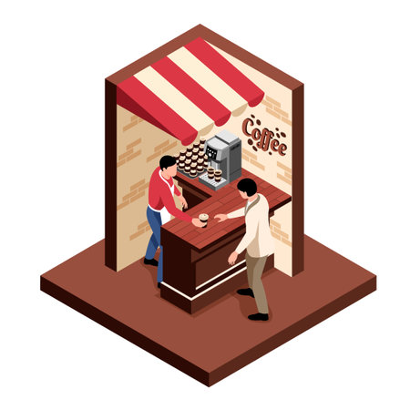 Isometric coffee shop concept small part of the kiosk with two walls and coffee buyer standing behind the counter vector illustrationのイラスト素材