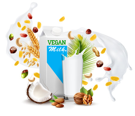 Vegan milk colored realistic composition with glass of drink and scattered grains of soy almond peanut on white background vector illustrationのイラスト素材