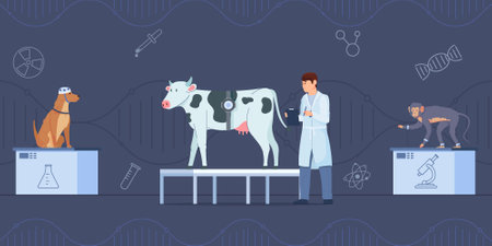 Animal experiments abstract background with laboratory testing symbols flat vector illustrationのイラスト素材