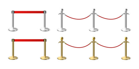 Metal barrier fence with ribbon realistic set of isolated images with golden and silver posts strings vector illustrationのイラスト素材