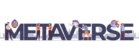 Horizontal metaverse text banner with men and woman using virtual reality headsets vector illustrationのイラスト素材