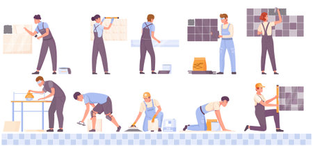Male and female workers doing tiling work laying ceramic tiles flat set isolated vector illustrationのイラスト素材