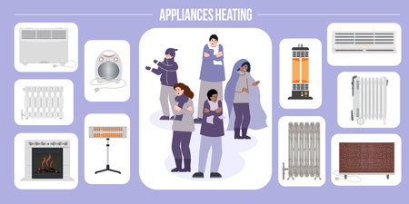 Heating appliances flat infographics with compositions of freezing people and various types of radiators heater apparatus vector illustrationのイラスト素材