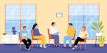 Group therapy treatment background with female and male characters counseling with psychologist flat vector illustrationのイラスト素材