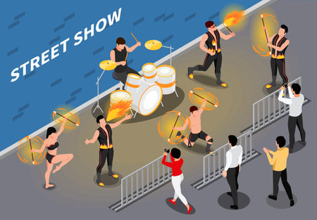Fire show isometric composition with backstreet view and group of fire dancers with drummer and audience vector illustrationのイラスト素材