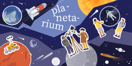 Planetarium composition with collage of flat icons with planets rockets stars and human characters with text vector illustrationのイラスト素材