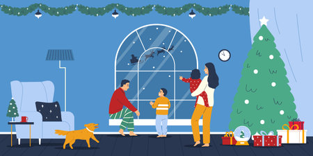 Christmas holiday flat background with family in home interior decorated with garlands and christmas tree vector illustrationのイラスト素材