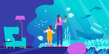 Virtual reality flat composition with mother and her child observing underwater world by augmented reality glasses vector illustrationのイラスト素材