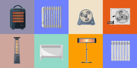 Heaters set in flat style with various house and outdoor heating appliances on color background isolated vector illustrationのイラスト素材