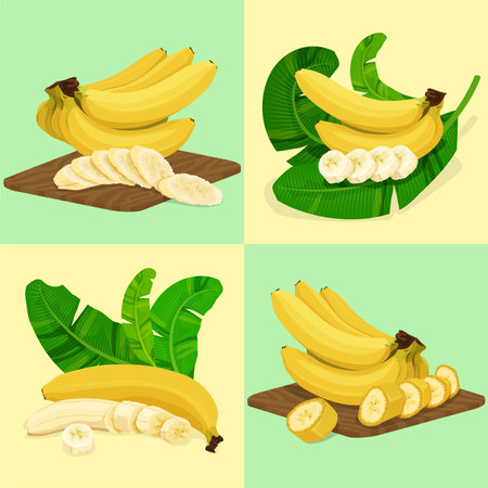 Banana flat set with four square compositions of banana bunches palm leaves and slices for serving vector illustrationのイラスト素材