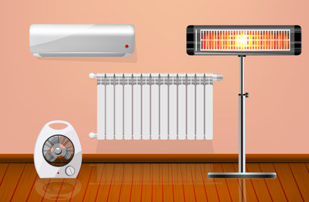 Flat heaters set with radiator electric fan conditioner and infrared heating appliance in room vector illustrationのイラスト素材