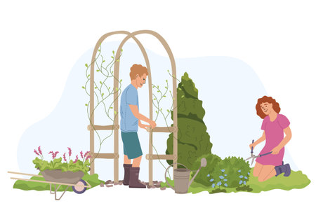 Home gardening flat composition with view of man and woman doing garden works on blank background vector illustrationのイラスト素材