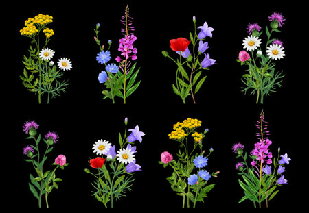 Realistic wildflower bundles icons set on black background isolated vector illustrationのイラスト素材