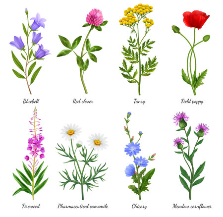 Realistic wildflowers icons set with blooming poppy and camomile isolated vector illustrationのイラスト素材