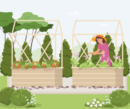 Home gardening flat composition with outdoor landscape and woman in hat working with garden flower beds vector illustrationのイラスト素材