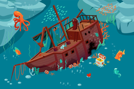 Isometric underwater world composition with view of vintage sunken ship with treasure chest fishes and octopus vector illustrationのイラスト素材