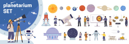 Planetarium flat set of isolated planet icons with human characters space suits telescopes rockets and text vector illustrationのイラスト素材