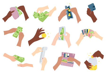 Hands with money flat icons collection with isolated hands of color holding payment methods and wallets vector illustrationのイラスト素材