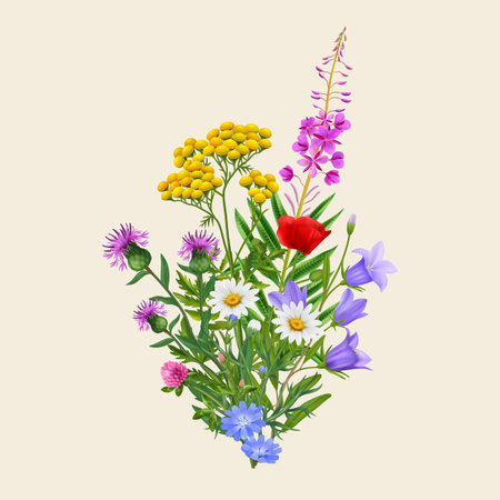 Realistic colorful wild flower bouquet on sepia background vector illustrationのイラスト素材