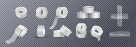 Sticky tape rolls and pieces realistic set isolated on transparent background vector illustrationのイラスト素材