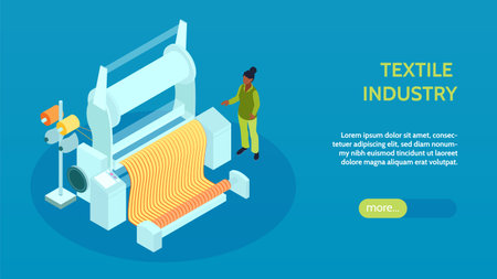 Isometric textile industry horizontal banner with editable text and more button with human operated weaver loom vector illustrationのイラスト素材