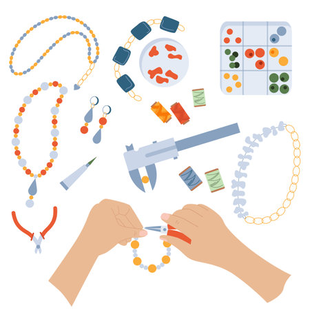 Hands craft flat composition with set of isolated jewelry icons with beads necklace parts and tools vector illustrationのイラスト素材