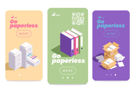 Isometric set of go paperless vertical banners with stacks of papers folders documents in drawers 3d isolated vector illustrationのイラスト素材