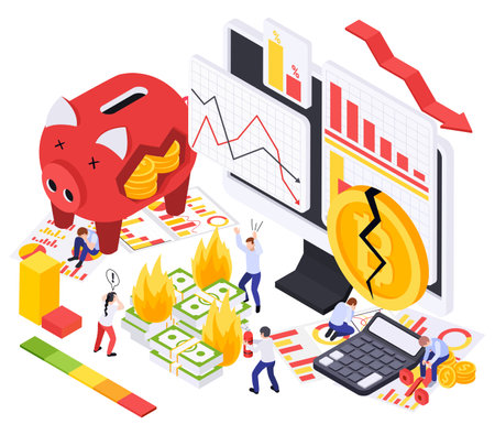 Financial crisis inflation isometric composition with burning money bar charts broken coin computer and distressed accountants vector illustrationのイラスト素材