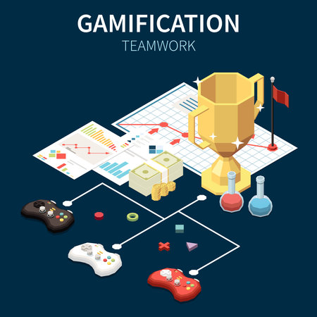 Business gamification and teamwork concept with game joystick and winner cup 3d isometric vector illustrationのイラスト素材