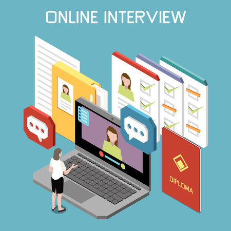 Headhunting recruitment isometric composition with online interview with candidate diploma resume 3d vector illustrationのイラスト素材