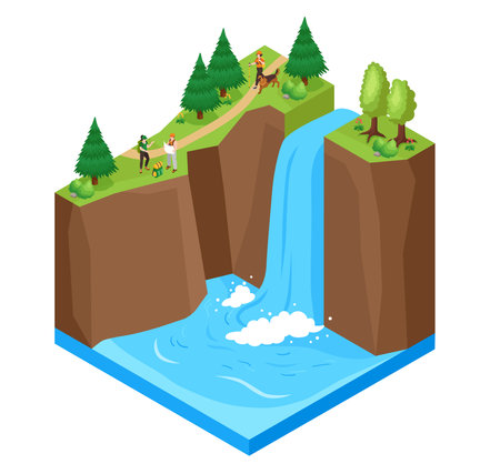 Waterfall scenery concept with national park sight symbols isometric vector illustrationのイラスト素材