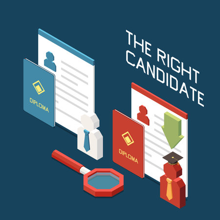 Headhunting recruitment choosing right candidate isometric concept with 3d icons of resume and diploma on dark blue background vector illustrationのイラスト素材