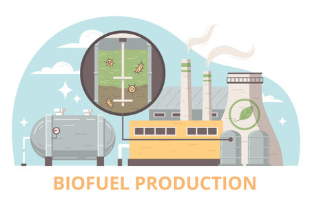 Biofuel production flat design concept demonstrating processing plant for converting biomass into energy by anaerobic digestion method vector illustrationのイラスト素材