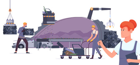 Metal recycling flat composition with isolated view of dumping site with workers and electric dump appliances vector illustrationのイラスト素材