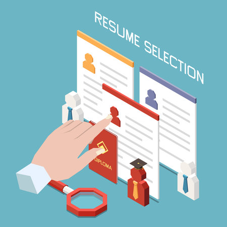 Isometric concept of recruitment with headhunter hand selecting candidate resume 3d vector illustrationのイラスト素材