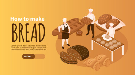 Bread production horizontal banner with wide choice symbols isometric vector illustrationのイラスト素材