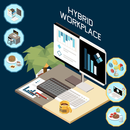 Hybrid work flexible workplace at home in office isometric concept with 3d elements vector illustrationのイラスト素材