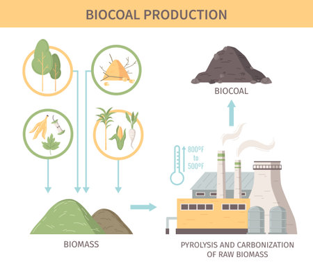 Biocoal production infographics illustration demonstrated sources of raw biomass for pyrolysis and carbonization processing flat vector illustrationのイラスト素材
