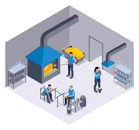 Isometric glass production composition with isolated view of factory workshop with stove and characters of workers vector illustrationのイラスト素材
