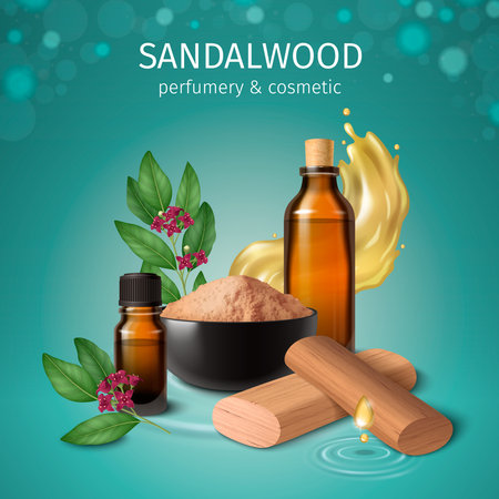 Sandalwood cosmetic realistic vector illustration of sandal timber fragrant powder in bowl and perfume oil vialsのイラスト素材