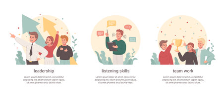 Communication flat cartoon compositions illustrating team work leadership listening skills isolated vector illustrationのイラスト素材