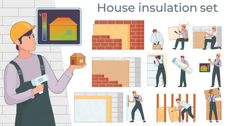 Thermal insulation flat composition with editable text and characters of repairmen with building supplies finishing materials vector illustrationのイラスト素材