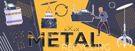Metal recycling composition with collage of editable text and flat dumping site icons magnets waste balers vector illustrationのイラスト素材