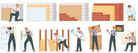 Thermal insulation flat set of isolated human characters of workers with wall panels bricks and wallpaper vector illustrationのイラスト素材