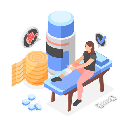 Varicose isometric composition with view of female patient wearing bandage on her leg with pills pack vector illustrationのイラスト素材
