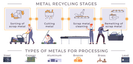 Metal recycling flat infographics with cards representing processing stages with category icons and editable text captions vector illustrationのイラスト素材
