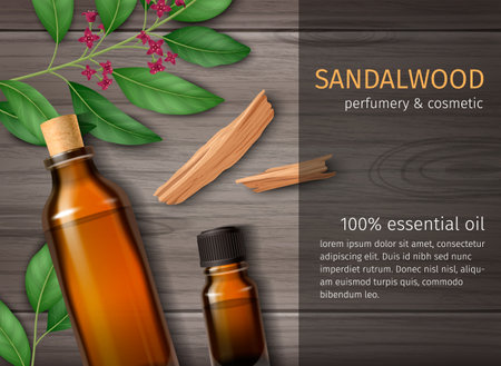 Sandalwood AD background with  fragrant chips perfume oil vials and plant twigs on wooden texture realistic vector illustrationのイラスト素材